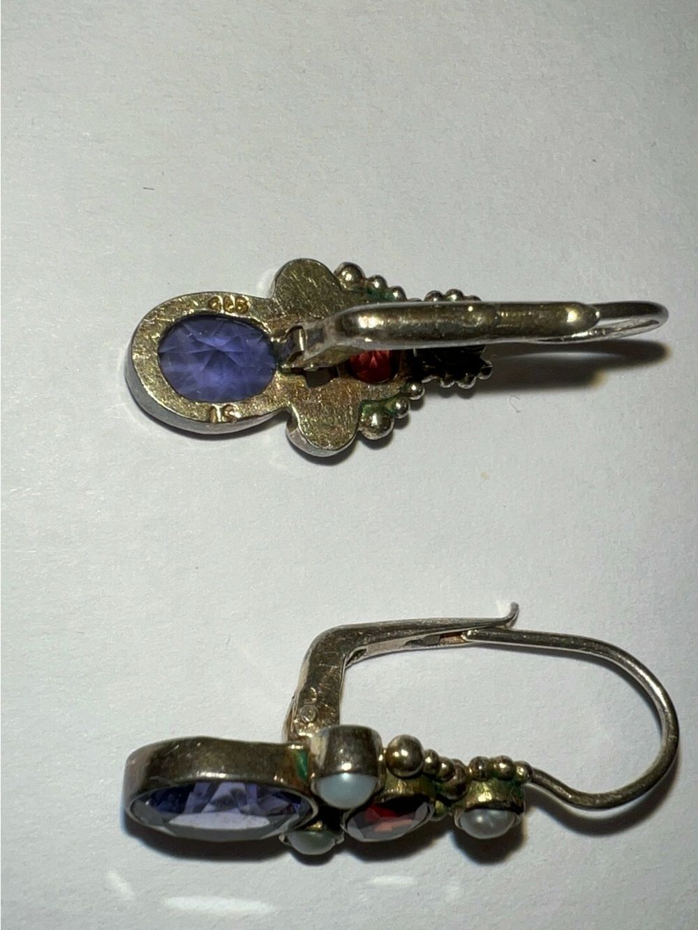 Sterling Silver Drop Earrings with Lavender and Garnet Stones and Pearls - Picture 4 of 8